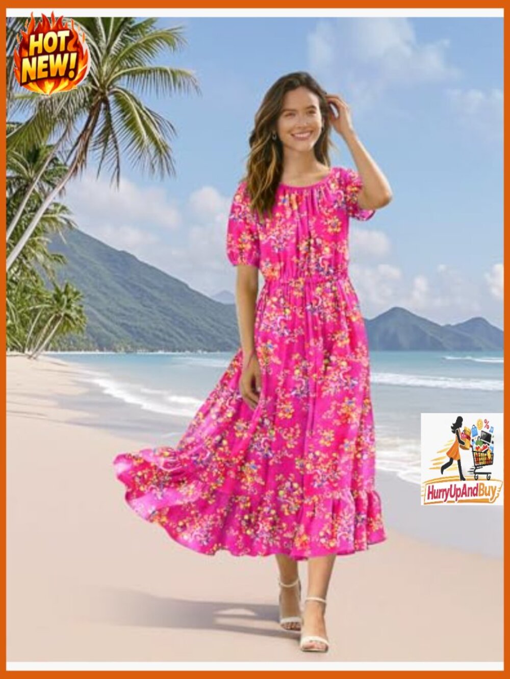 Boho Maxi Dress with Puff Sleeves Drawstring Waist Pockets Summer Casual - Picture 2 of 7